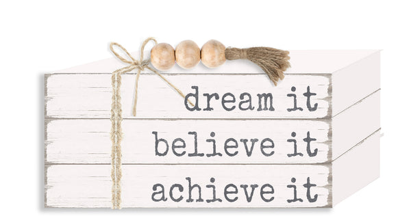 Dream It Believe It Achieve It - Book Stack, Wooden, Decorative, Office, Inspirational, Everyday