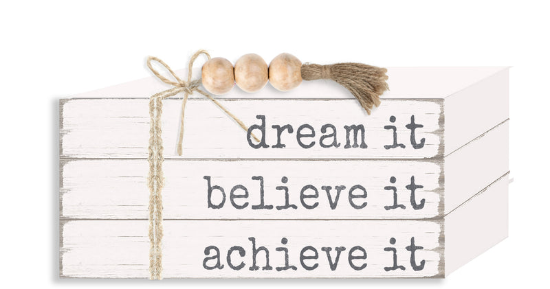 Dream It Believe It Achieve It - Book Stack, Wooden, Decorative, Office, Inspirational, Everyday
